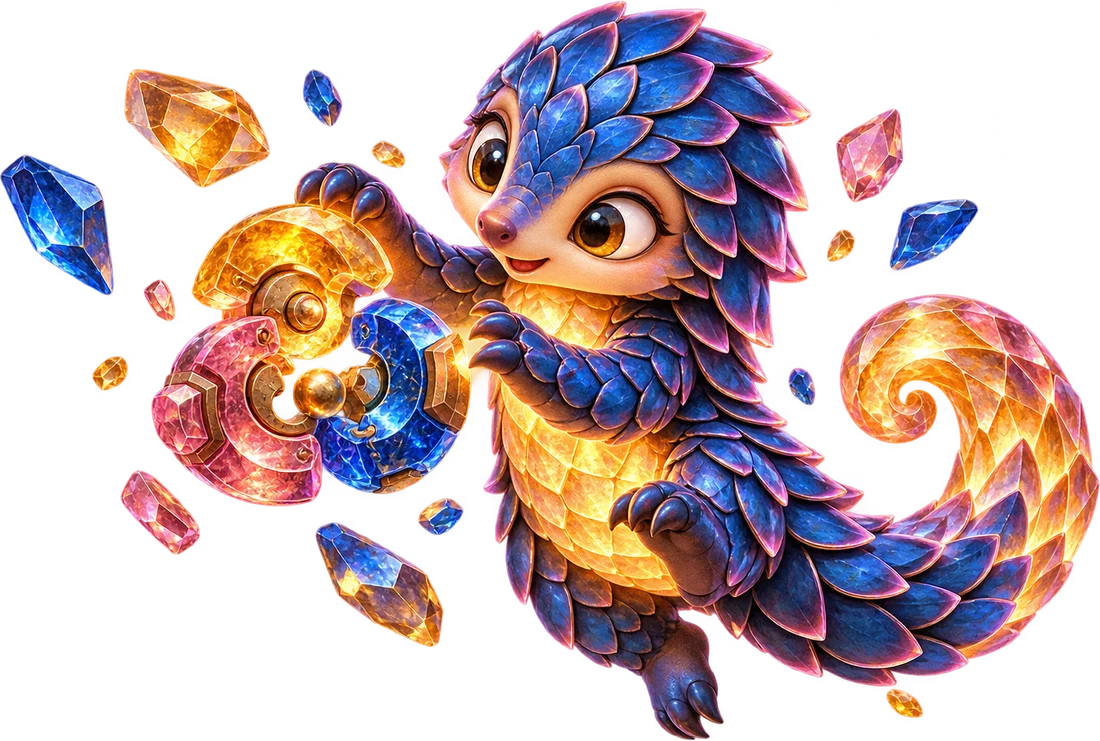 Lumo, a mythical cartoon pangolin, building a world of luminous puzzle wheels